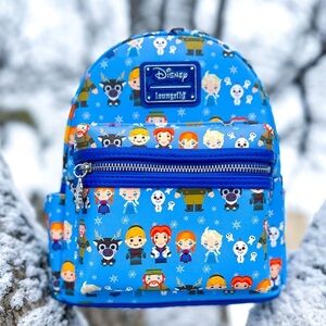 NWT LOUNGEFLY DISNEY Frozen Chibi Cartoon Character Print Mini Backpack